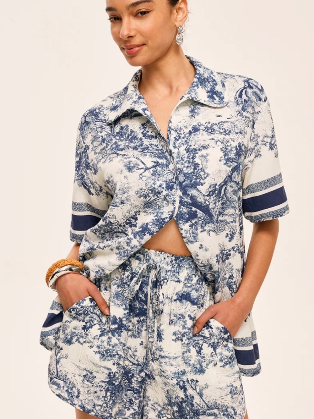 Commense Blue Toile Print Short Set - Button Front Shirt & Shorts - size Medium - Picture 2 of 16